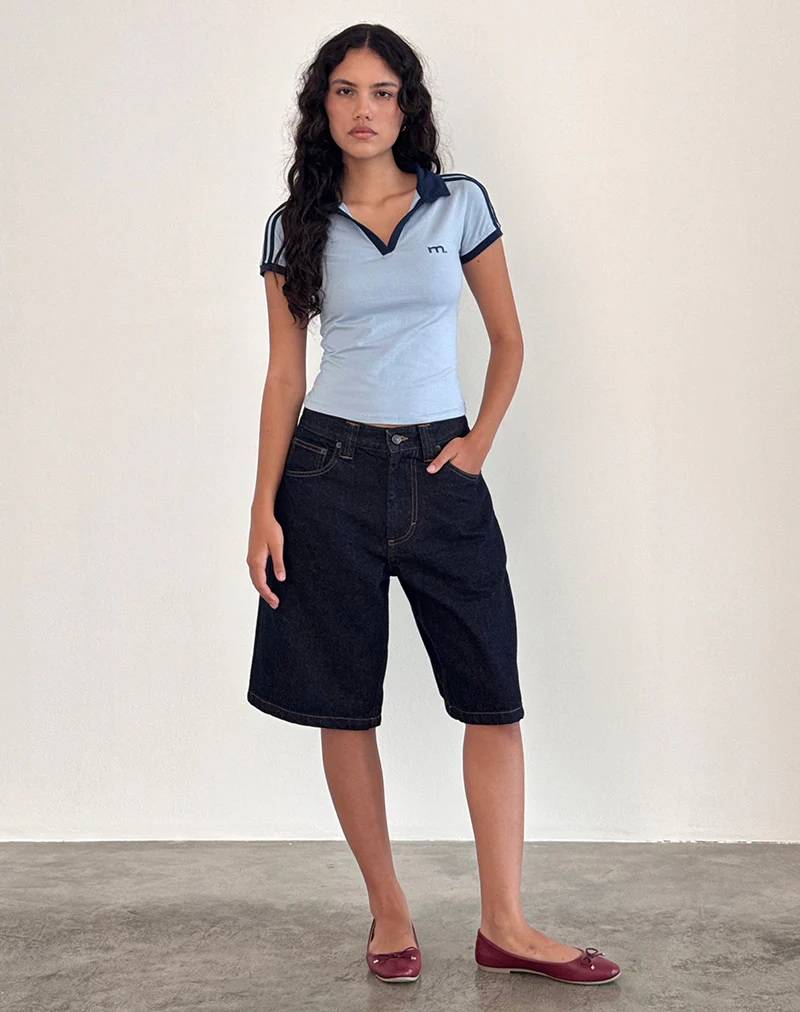 Isda Top in Nantucket Blue with Navy Binding and M Embroidery - Image 3