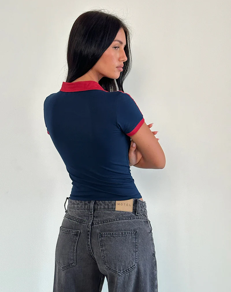 Isda Top in Navy with Adrenaline Red Binding and M Embroidery - Image 4