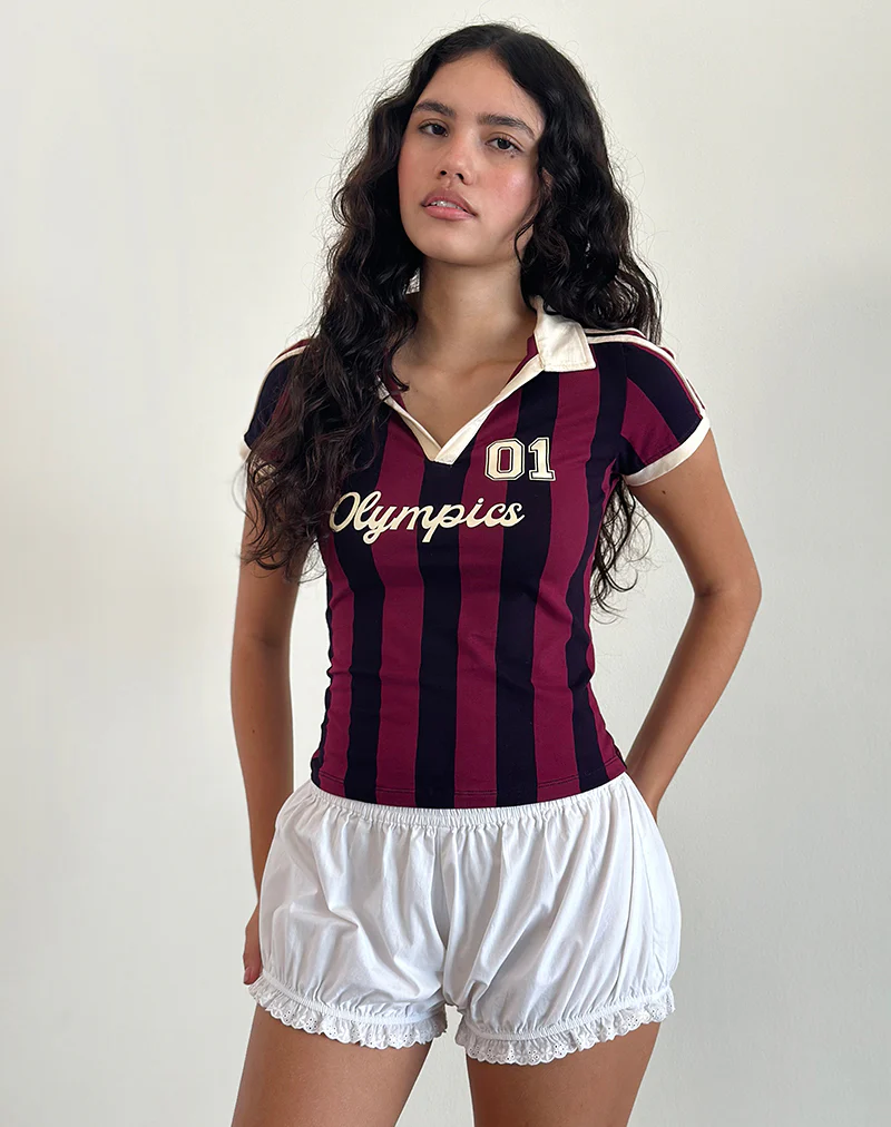 Isda Top in Plum, Navy and Stone Stripe with Olympics Slogan - Image 4