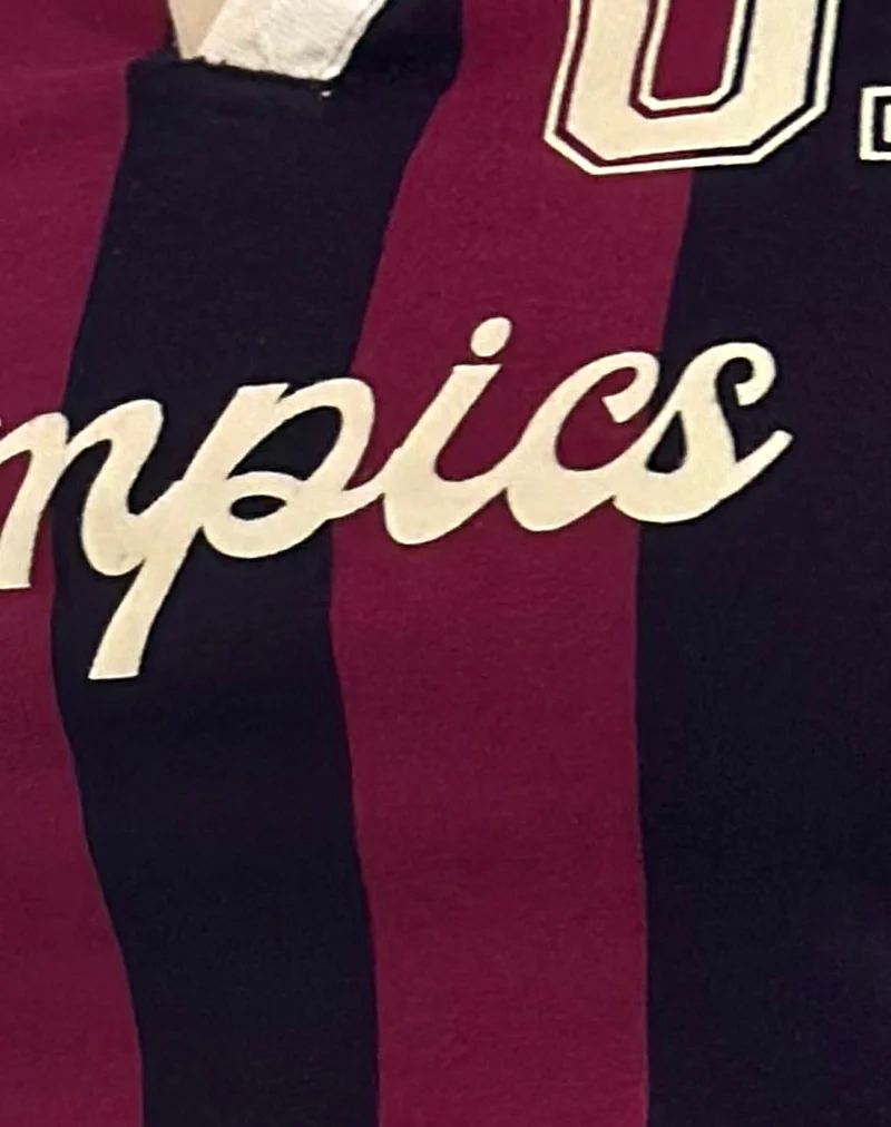 Isda Top in Plum, Navy and Stone Stripe with Olympics Slogan - Image 5