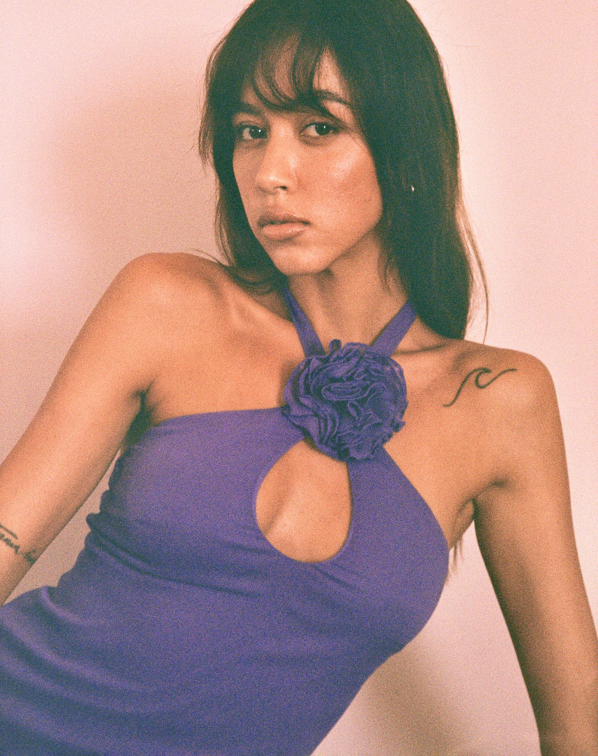 Isobel Rosette Ruffle Mini Dress in Purple Chiffon - Image 5