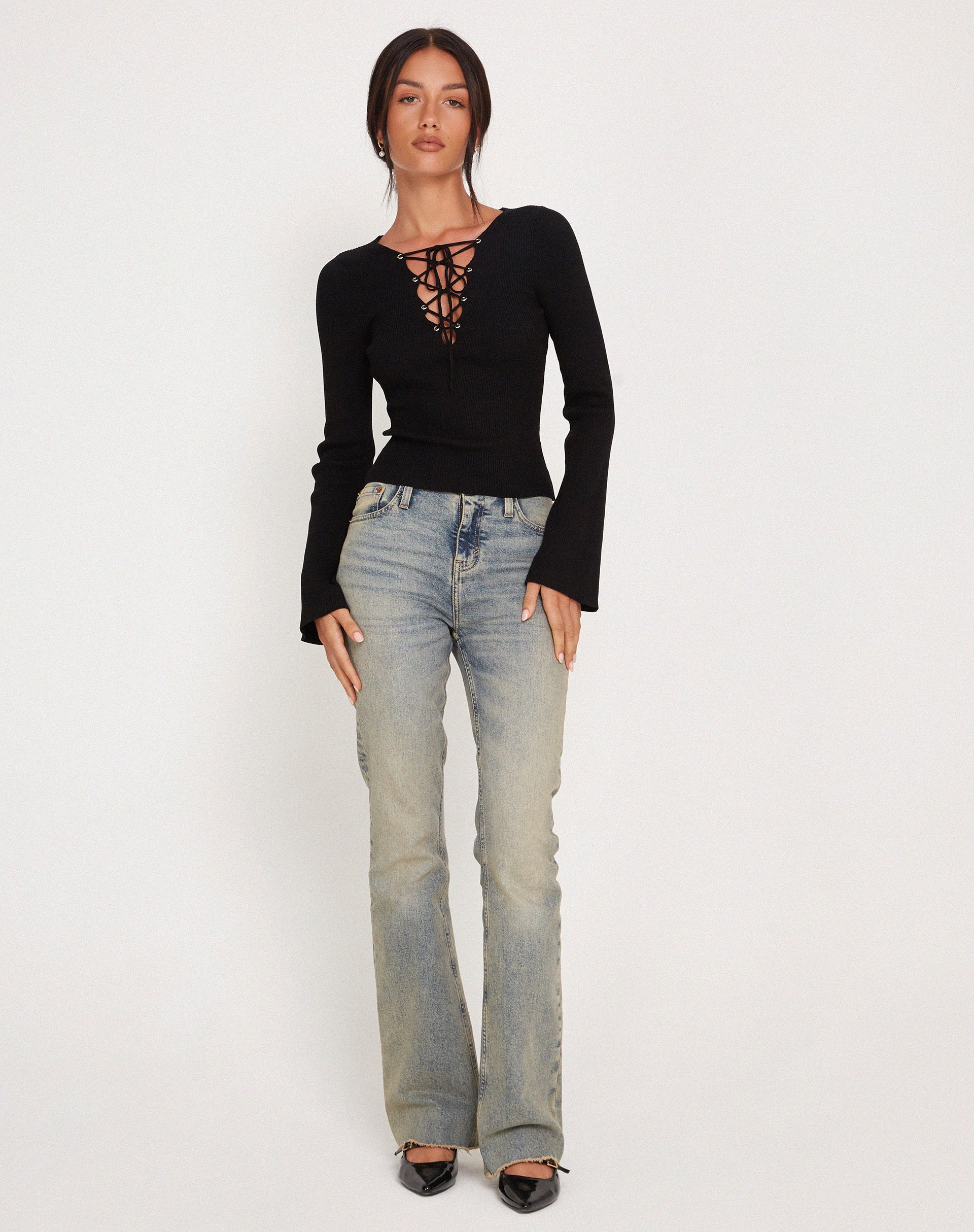 Issey Long Sleeve Lace up Top in Black - Image 2
