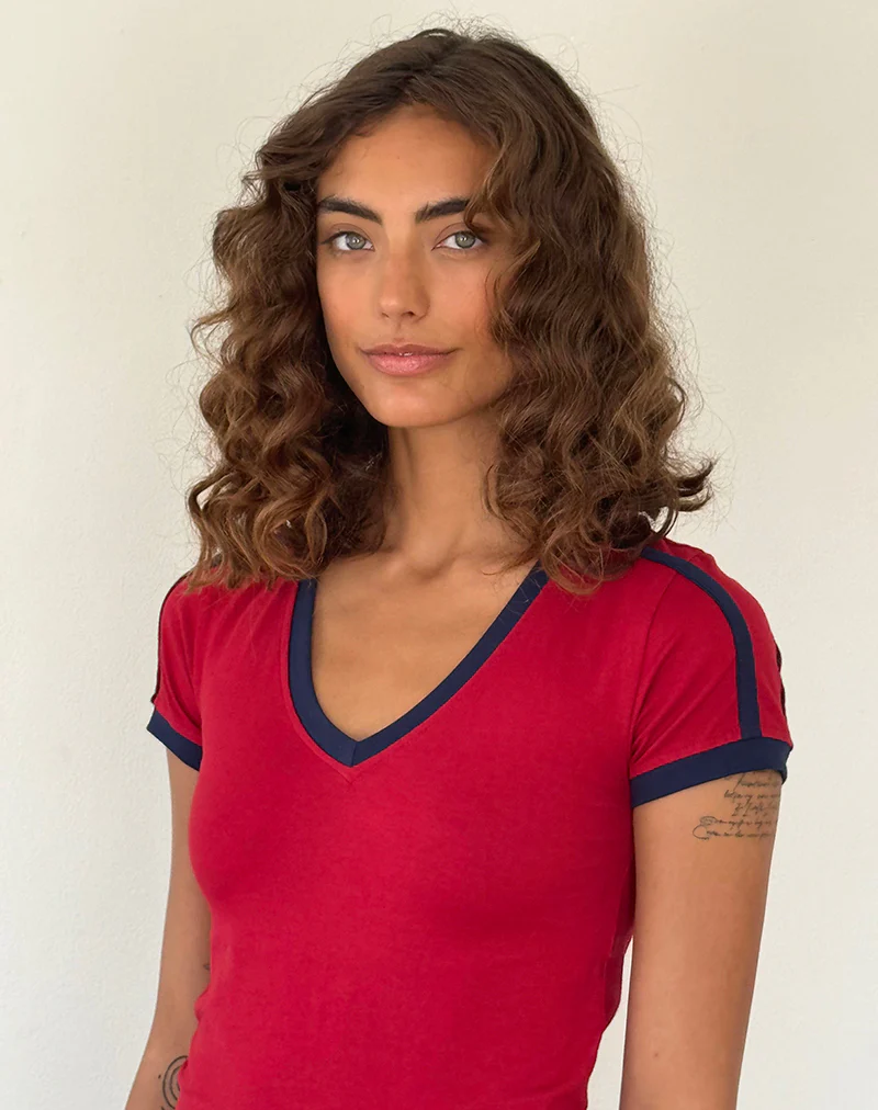 Izolde Baby Tee in Adrenalin Red with Navy Binding and M Embroidery - Image 3