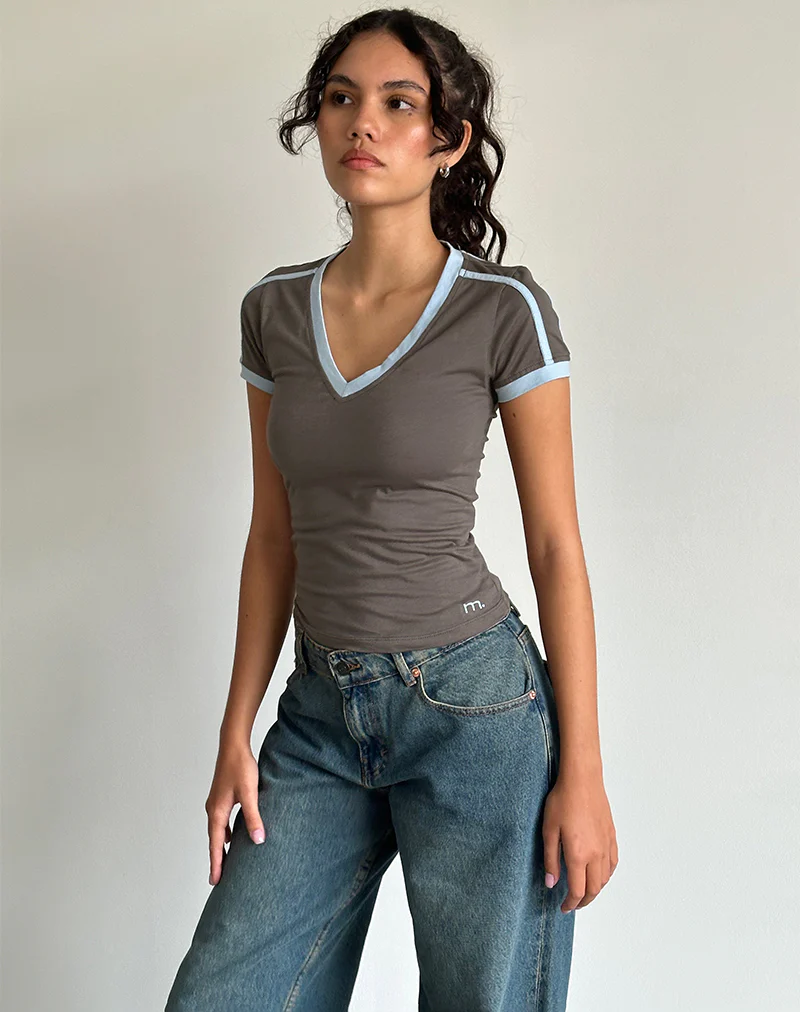 Izolde Baby Tee in Cloudburst with Nantucket Blue Binding and M Embroidery - Image 2