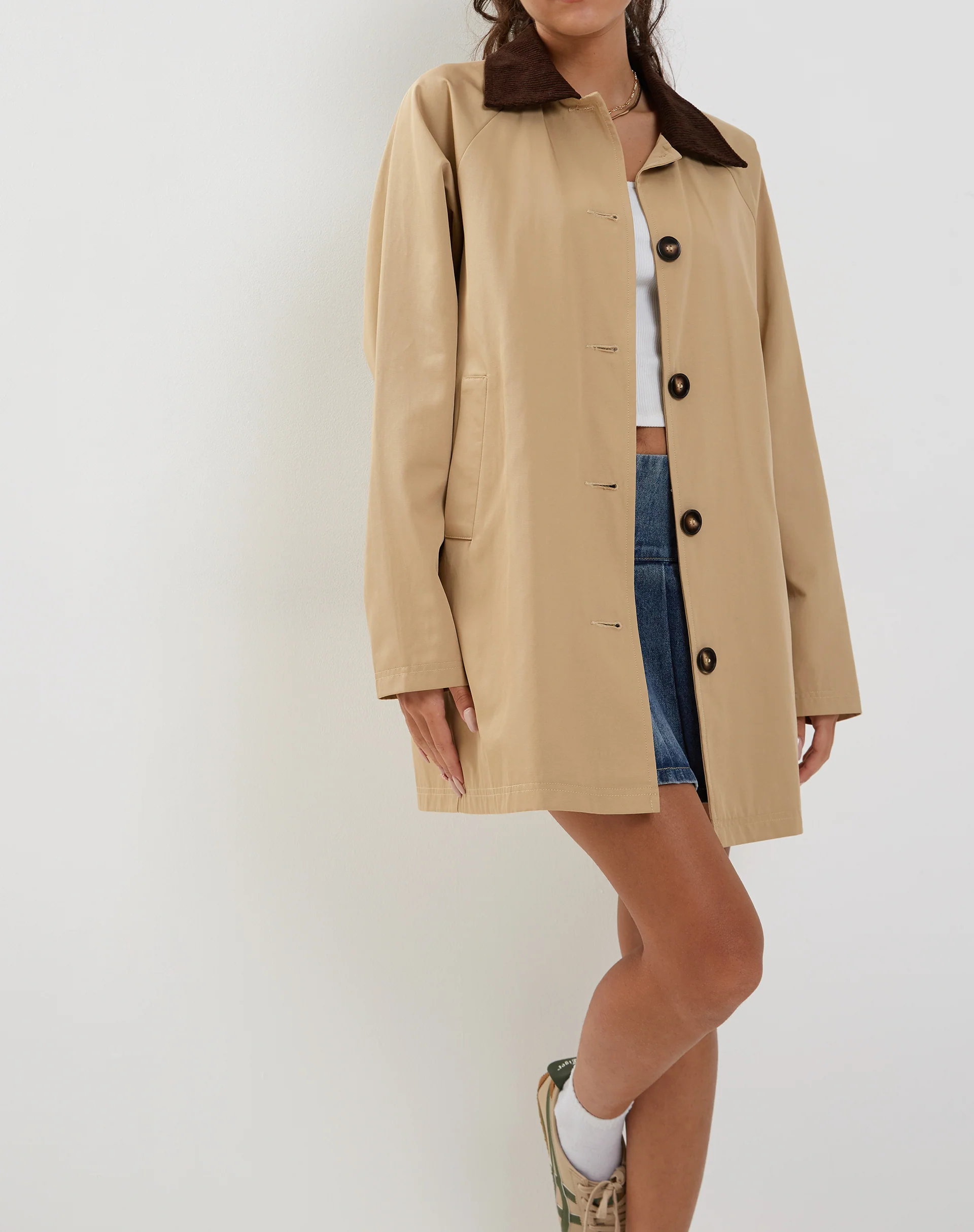 Izora Short Trench Coat in Tan - Image 2