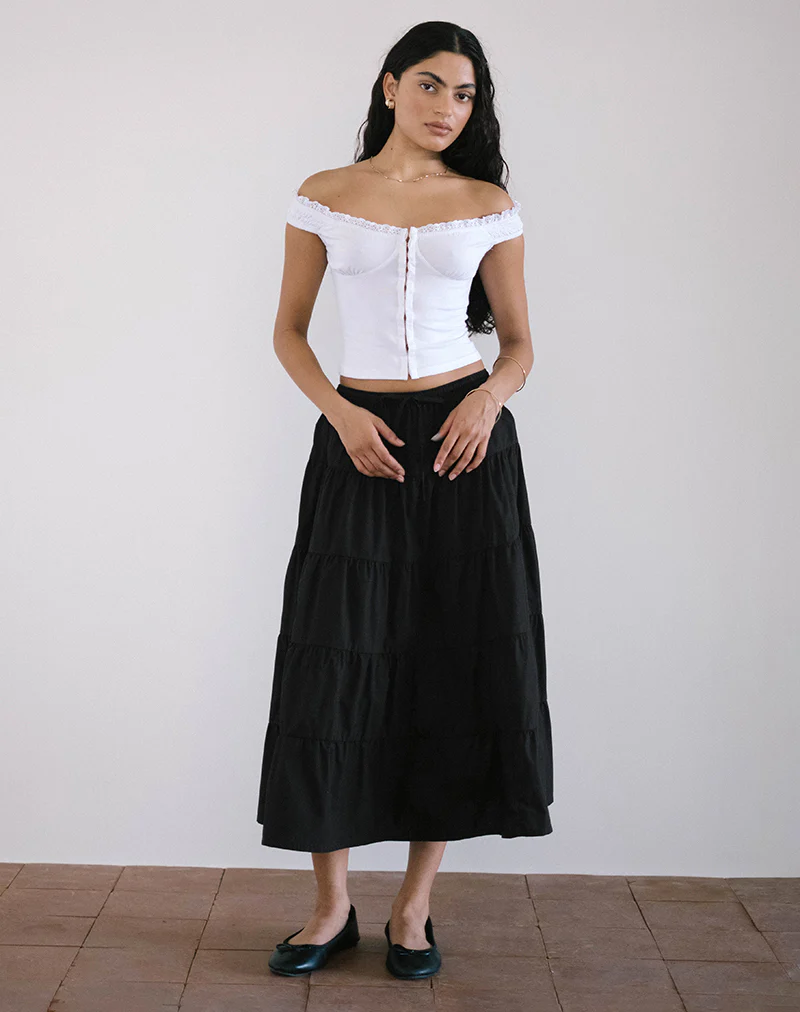 Izumi Tiered Midi Skirt in Poplin Black - Image 5