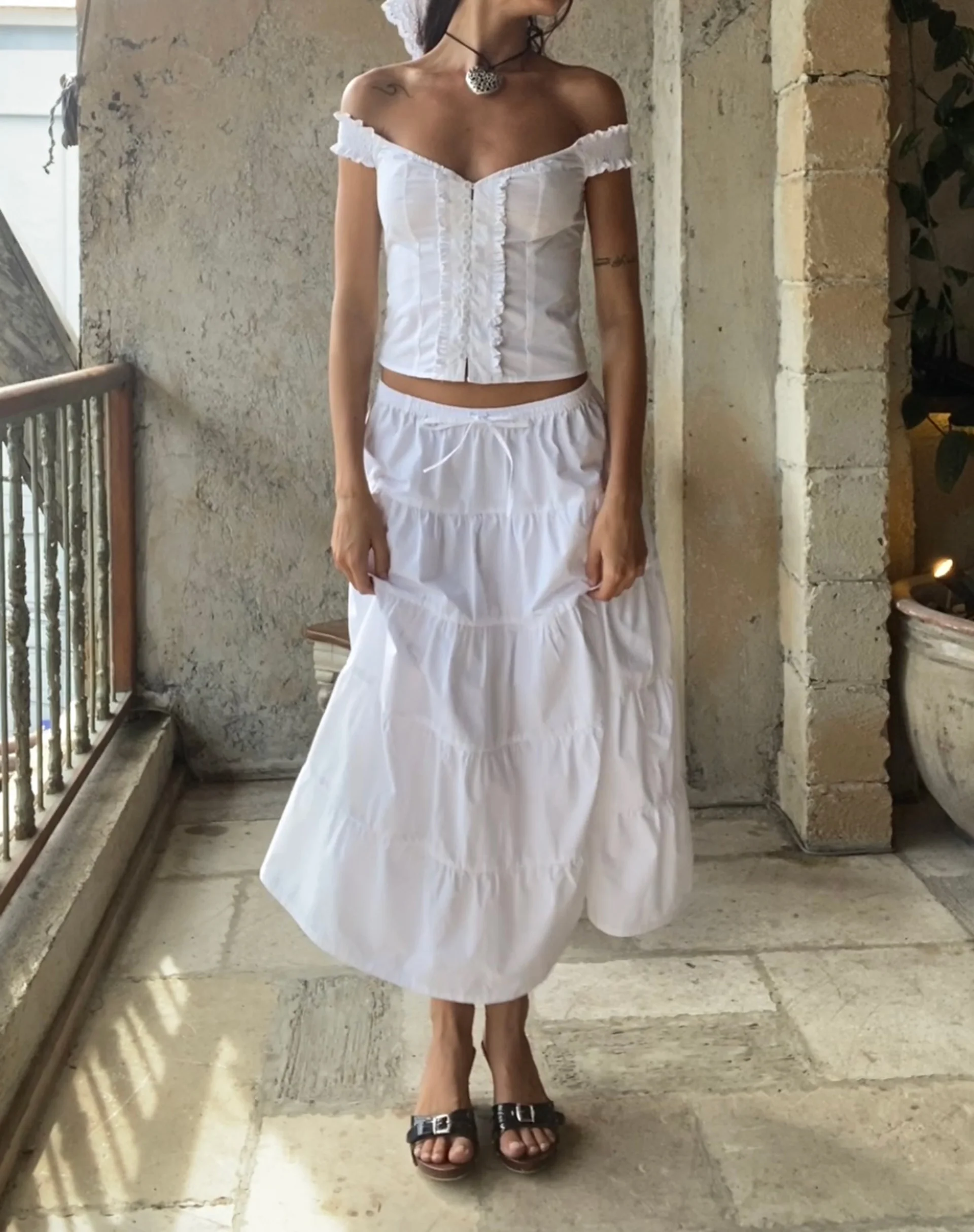 Izumi Tiered Midi Skirt in Poplin White - Image 6