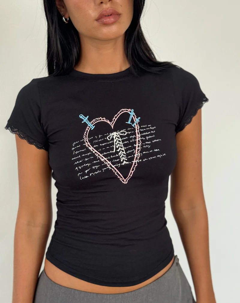 Izzy Lace Trim Tee in Black Lace Up Heart Motif - Image 2