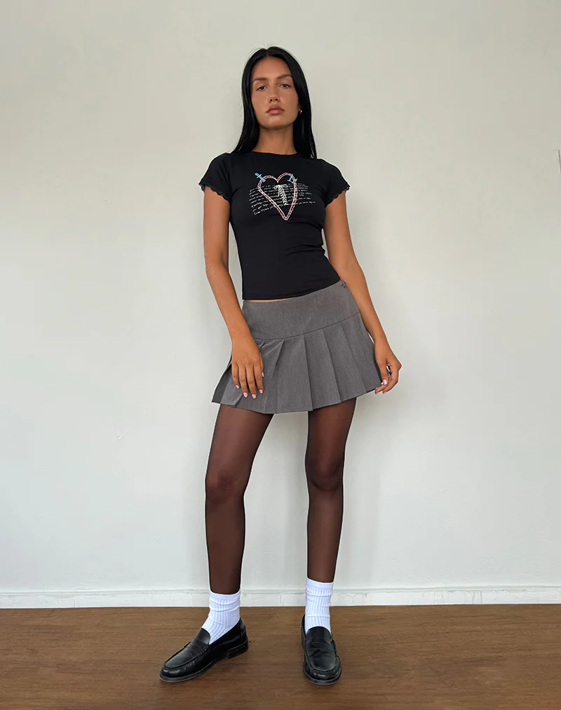 Izzy Lace Trim Tee in Black Lace Up Heart Motif - Image 3