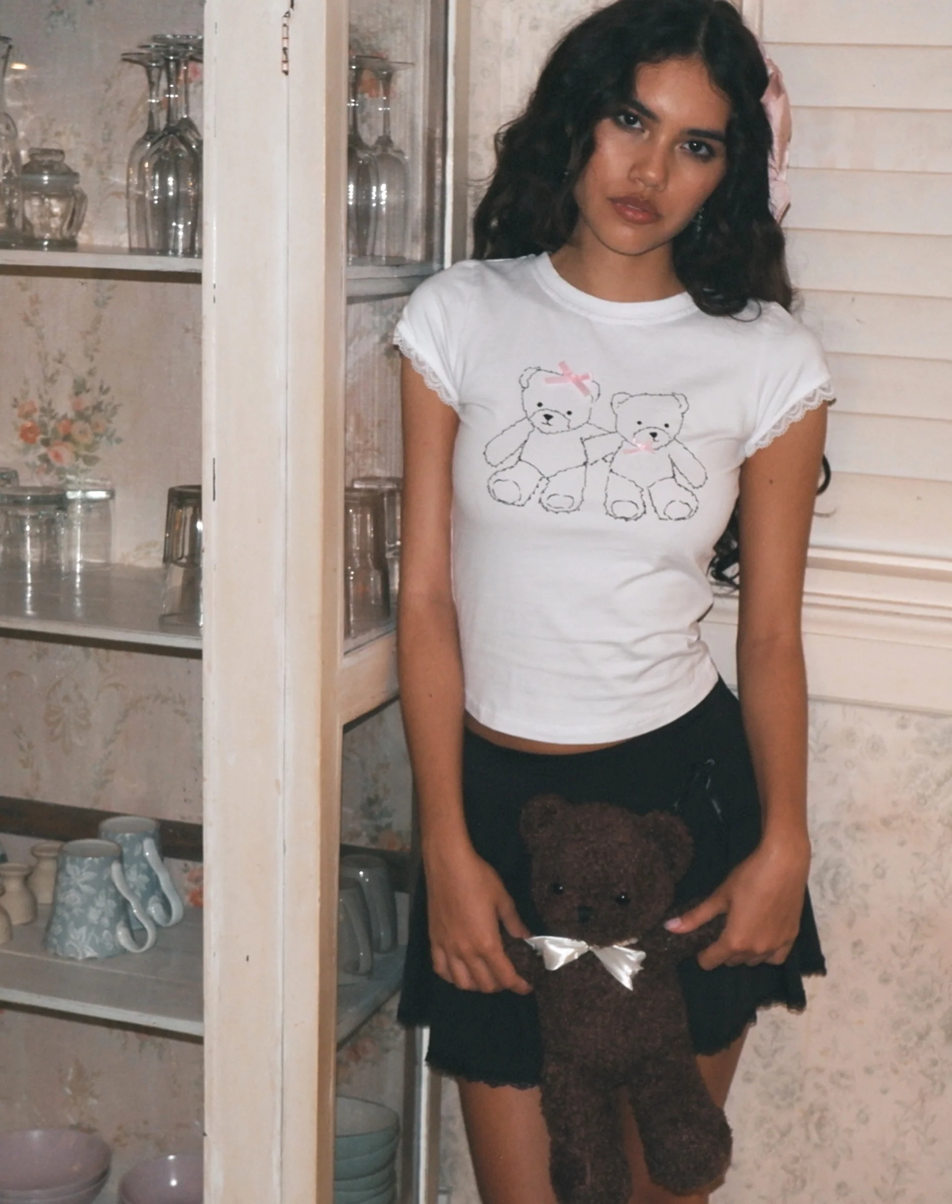 Izzy Lace Trim Baby Tee in White Teddy Motif - Image 2