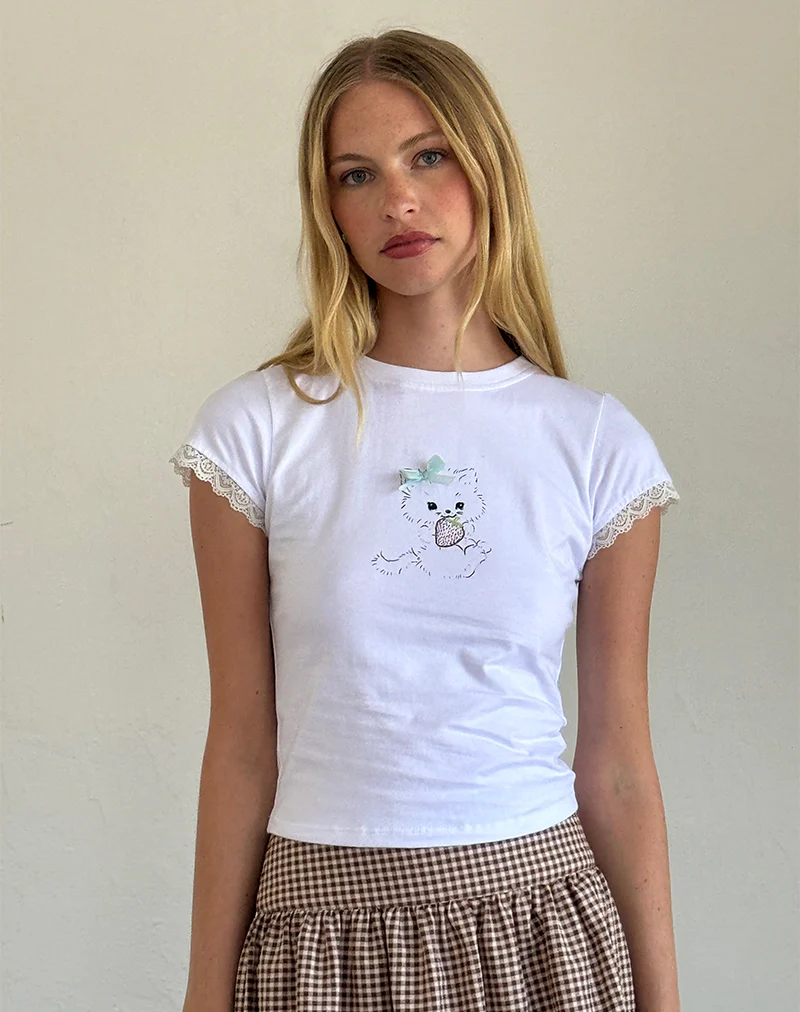 Izzy Tee in White with Strawberry Cat Print - Image 4