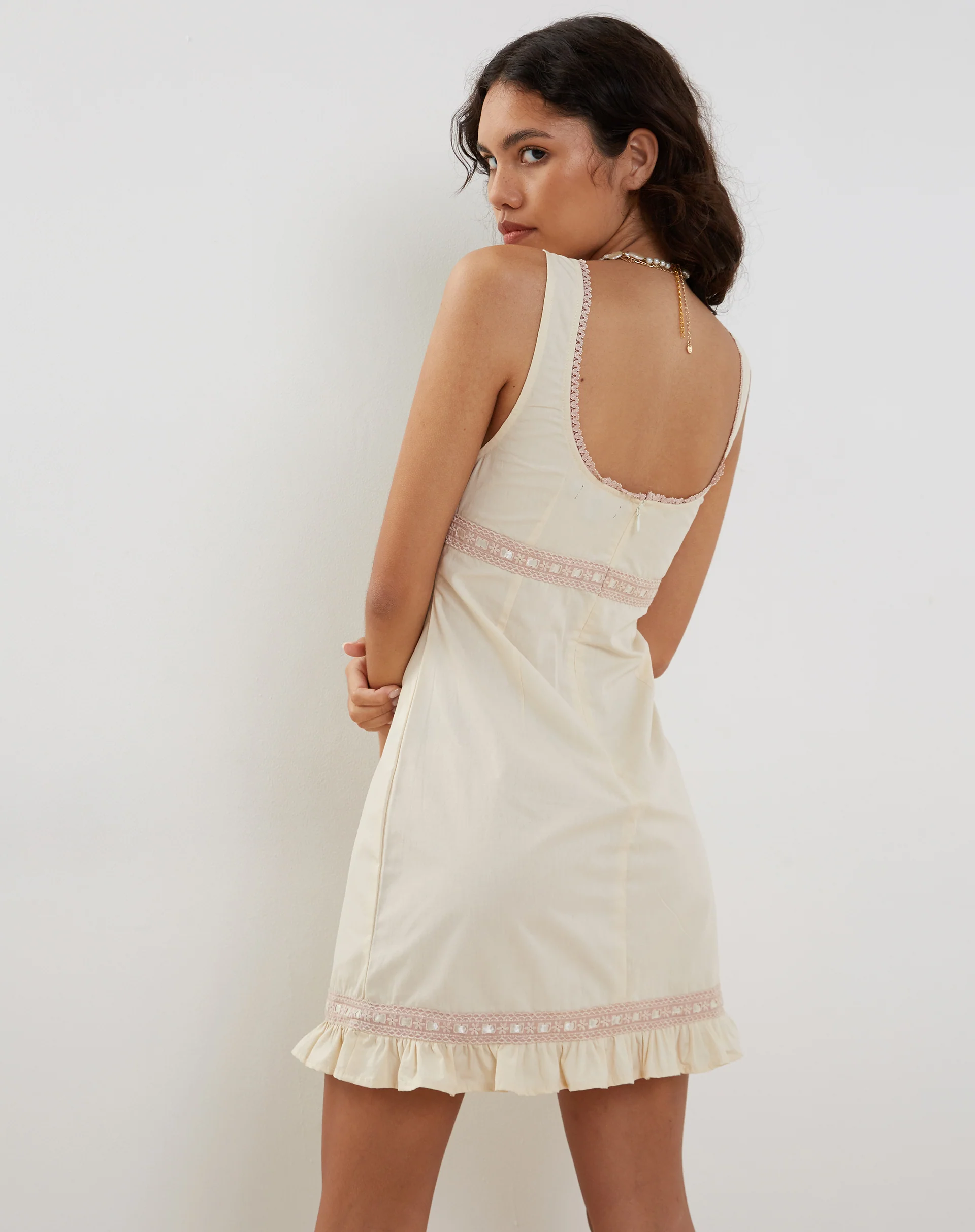 Jacena Lace Trim Mini Dress in Ivory - Image 3