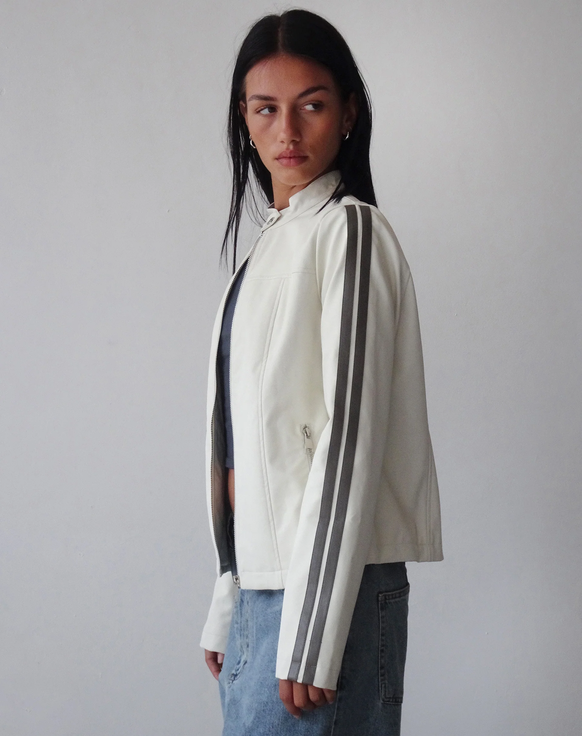 Jacquie Zip Up Jacket in PU Cream with Brown Stripe - Image 2