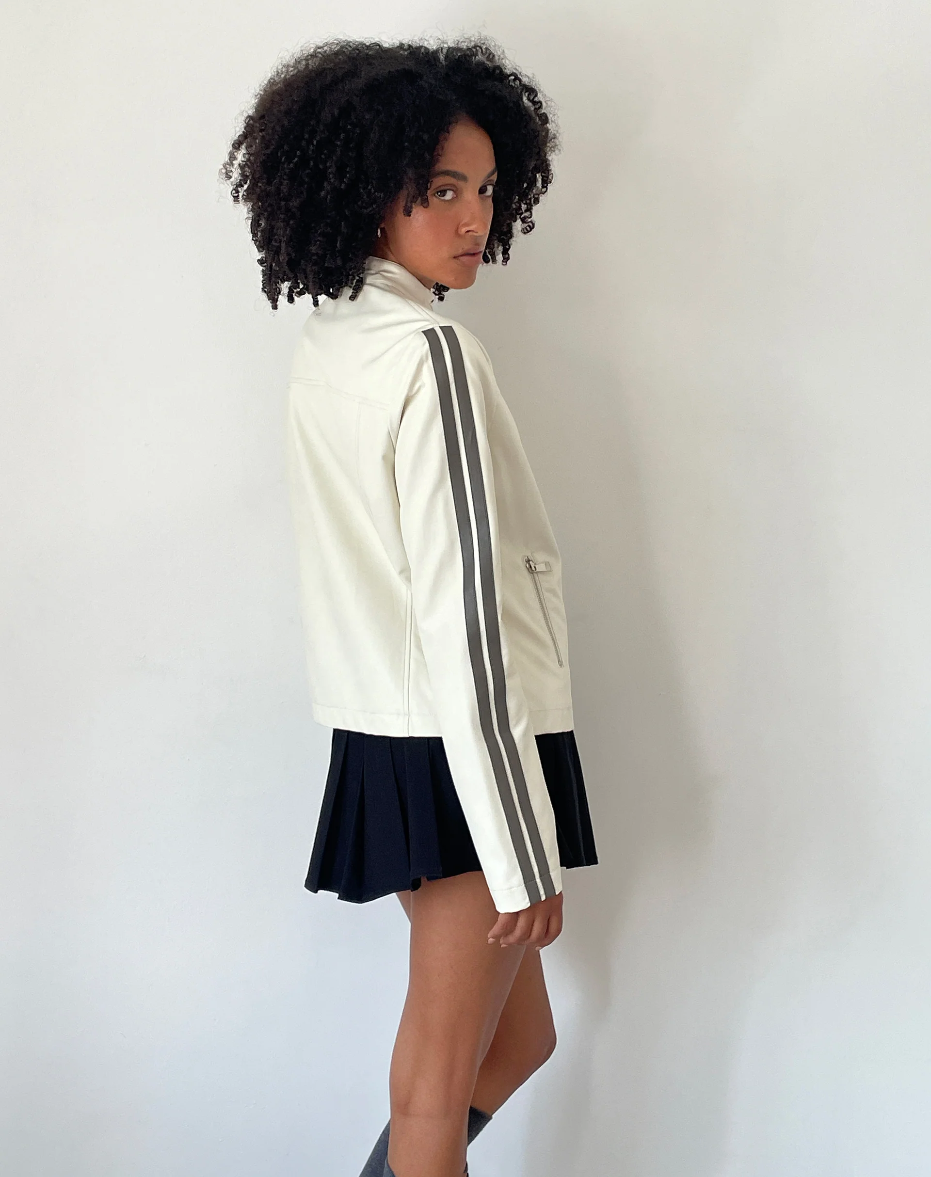 Jacquie Zip Up Jacket in PU Cream with Brown Stripe - Image 5