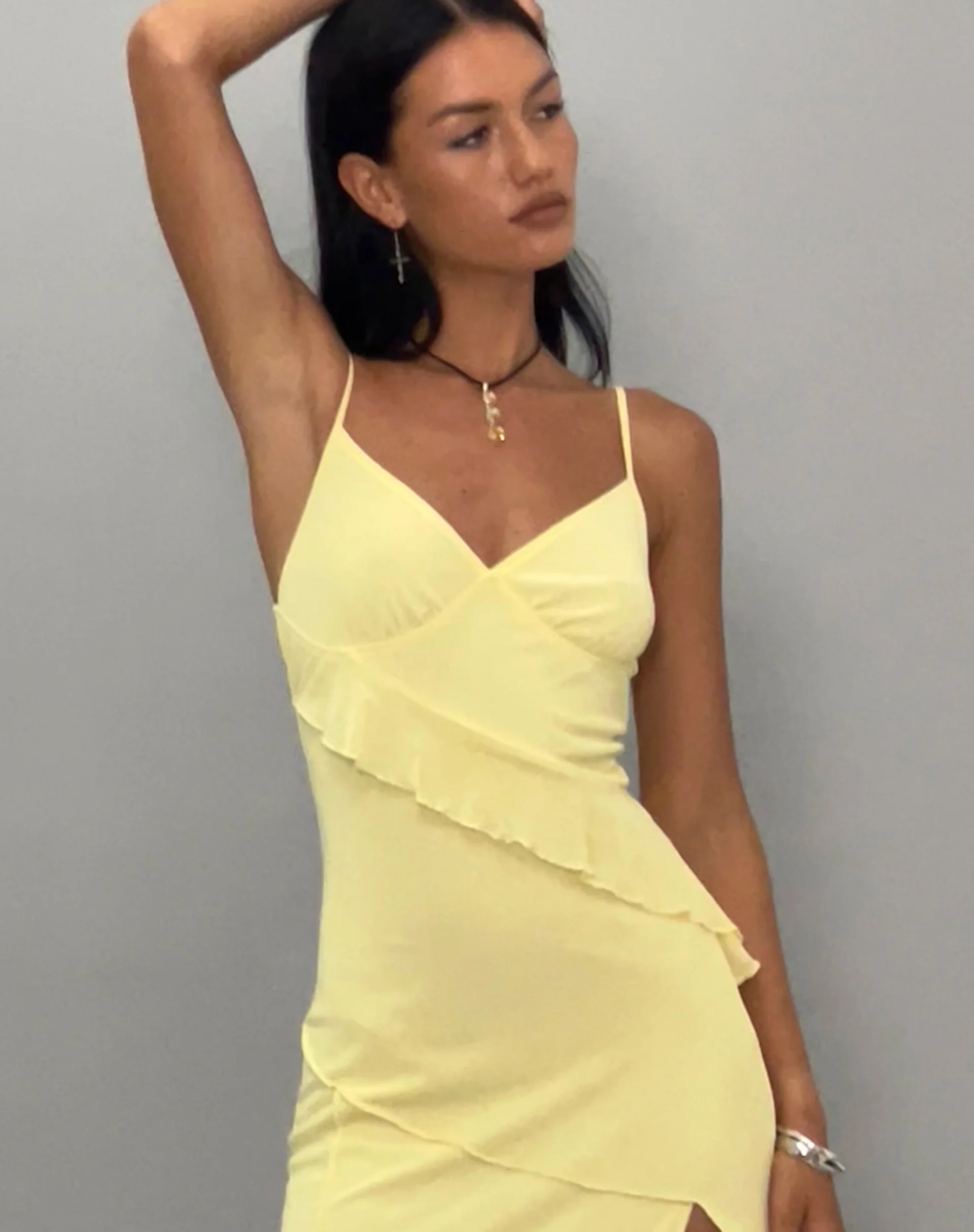 Jacy Ruffle Midi Dress in Mesh Lemon - Image 2