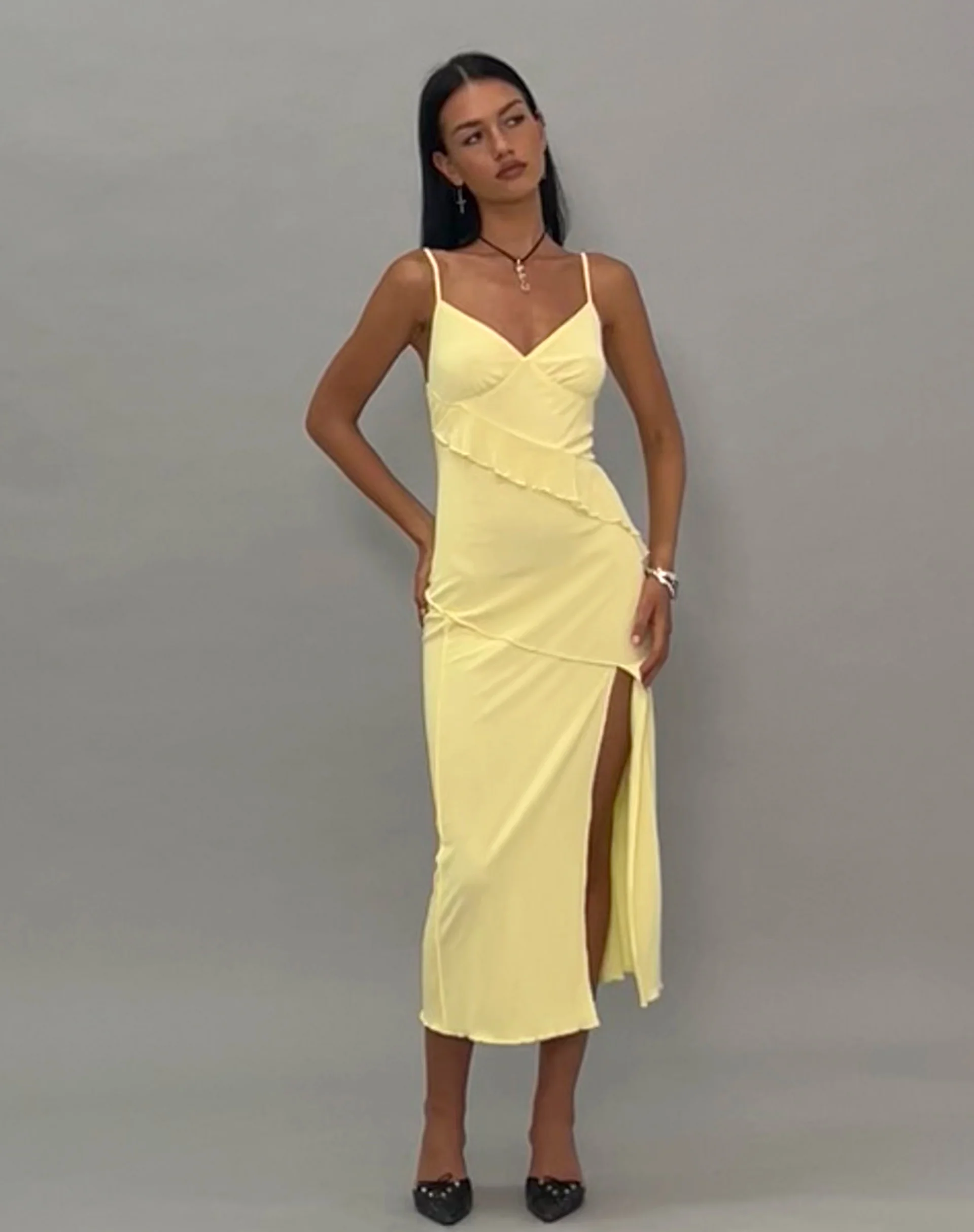 Jacy Ruffle Midi Dress in Mesh Lemon - Image 3