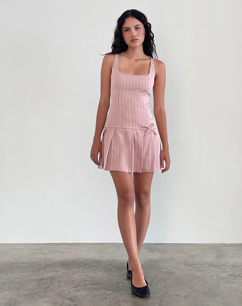 Jadzia Drop Waist Mini Dress in Blush Pinstripe - Image 3