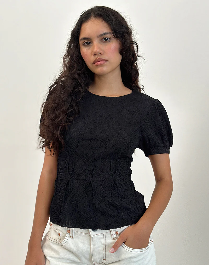 Jaina Puff Sleeve Top in Textured Black - Image 3
