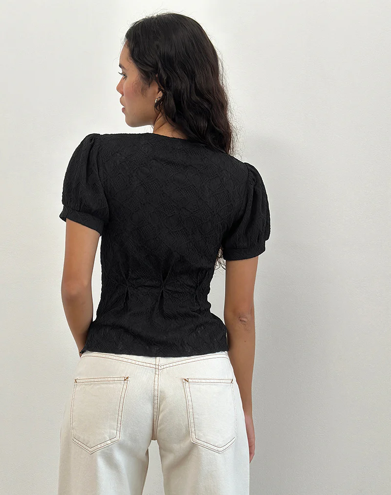 Jaina Puff Sleeve Top in Textured Black - Image 4