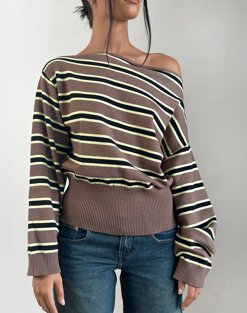 Jalira Asymmetric Cinch Jumper in Stripe Brown and Yellow - Image 4