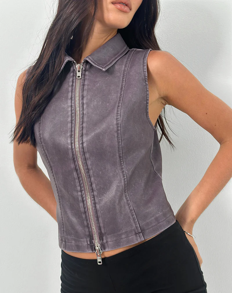 Janae Vest Top in Distressed PU Washed Plum - Image 2