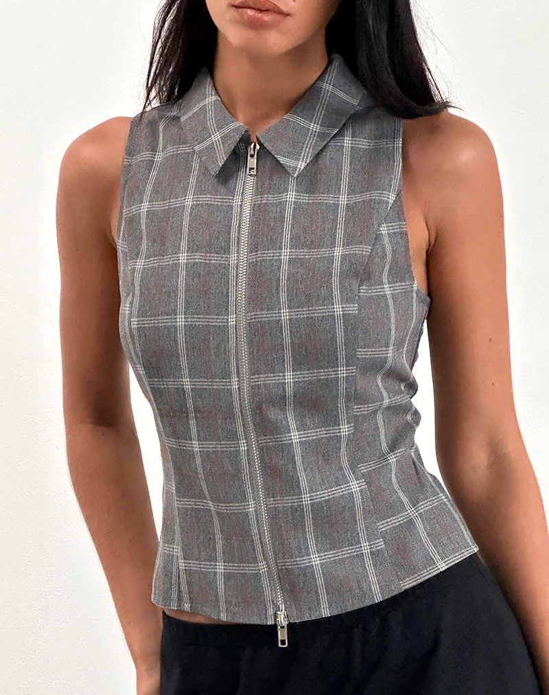 Janae Zip Vest Top in Grey Check - Image 3