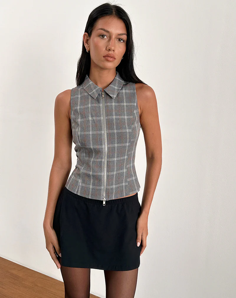 Janae Zip Vest Top in Grey Check - Image 4