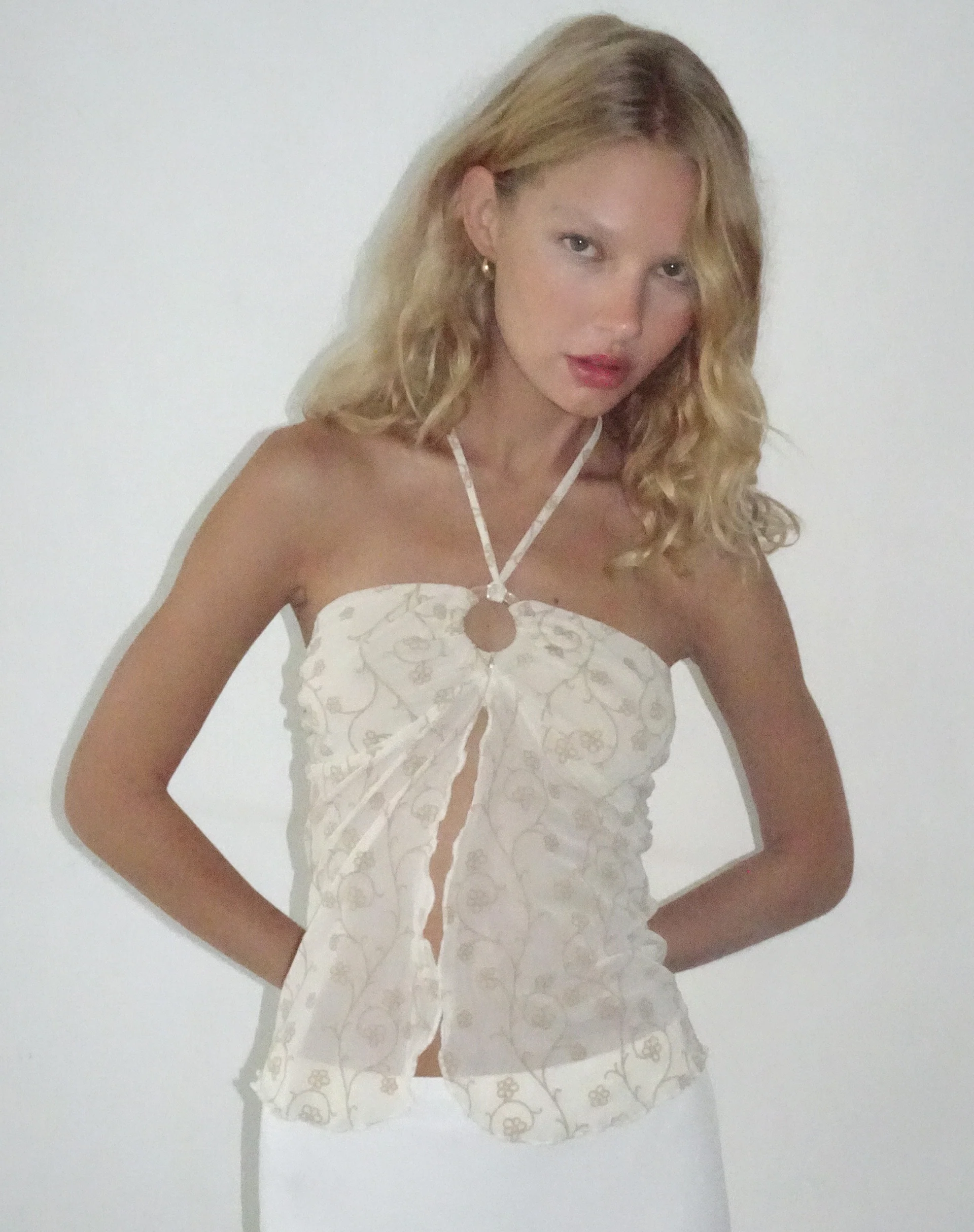 Janar Halterneck Top in Beige Dainty Floral Flock - Image 4