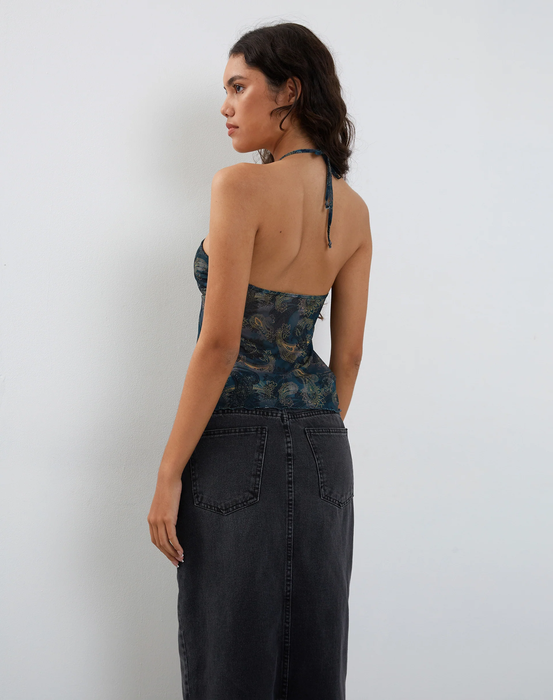 Janar Halterneck Top in Tonal Paisley Blue - Image 5