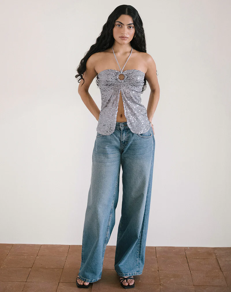 Janar Halterneck Top in Gauzy Sequin Silver - Image 2