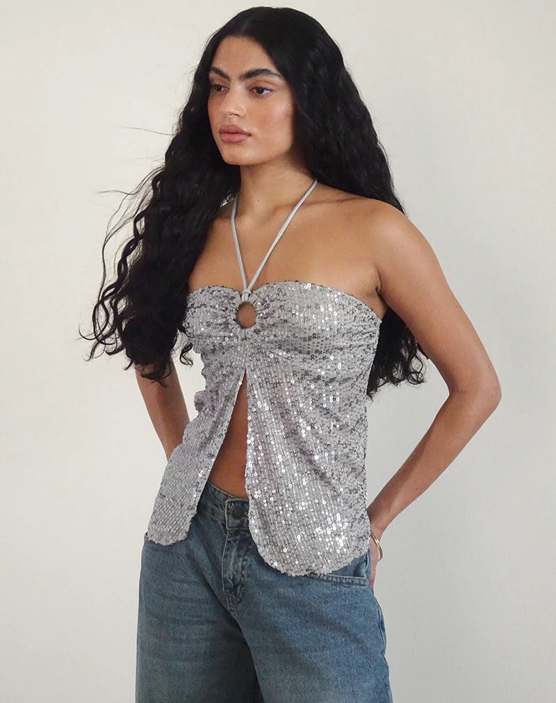 Janar Halterneck Top in Gauzy Sequin Silver - Image 5