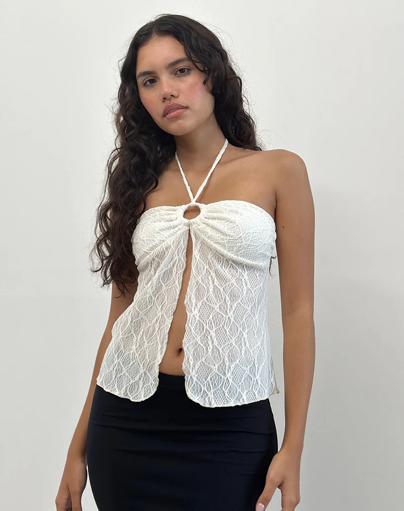 Janar Halterneck Top in Textured Ivory - Image 2