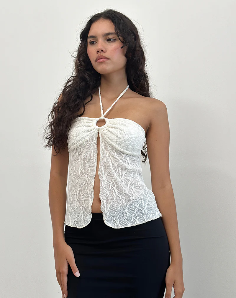 Janar Halterneck Top in Textured Ivory - Image 4