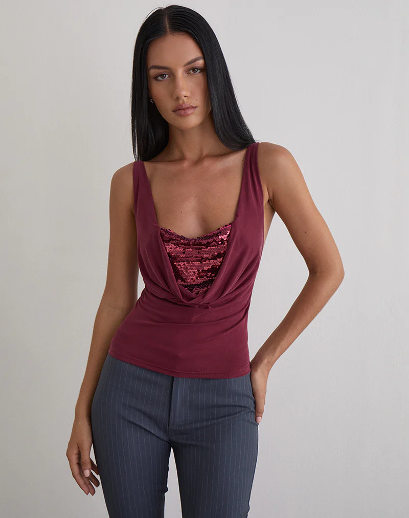 Janice Top in Sequin Jersey Burgundy - Image 2