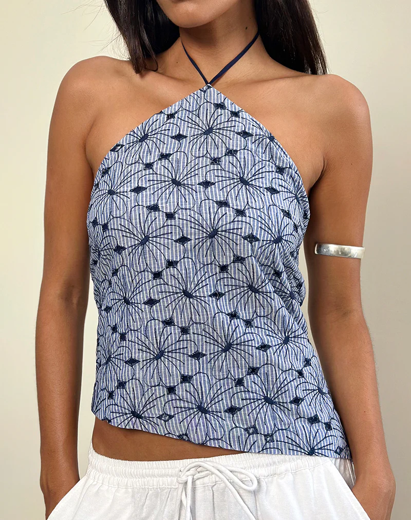 Janisa Halterneck Top in Blue Striped Flowers - Image 2