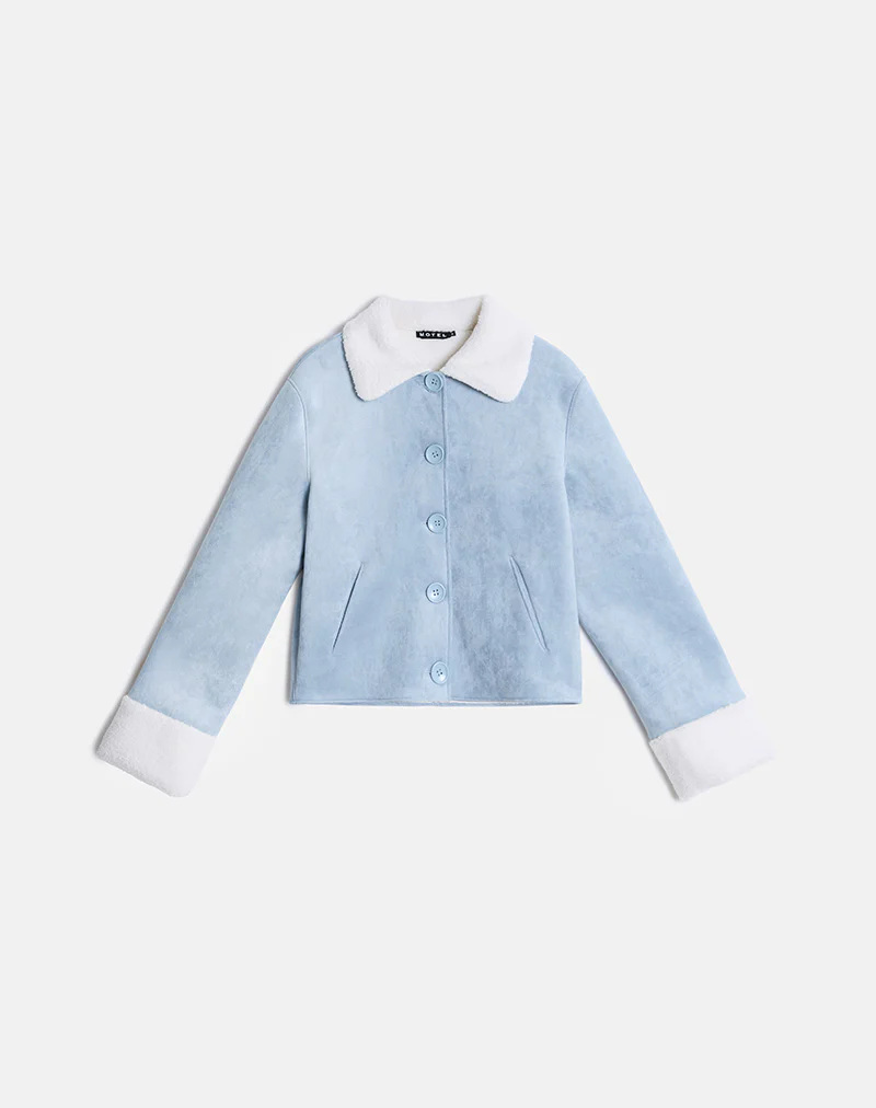 Jano Jacket in Faux Suede Blue with Borg - Image 4
