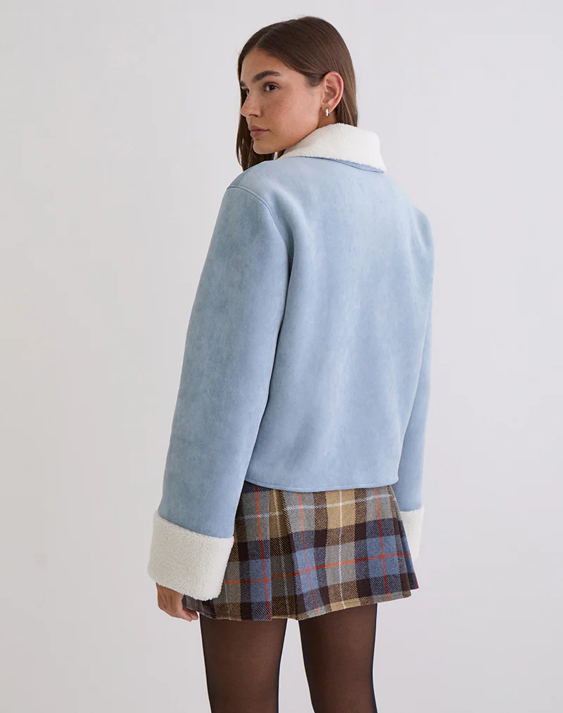 Jano Jacket in Faux Suede Blue with Borg - Image 5