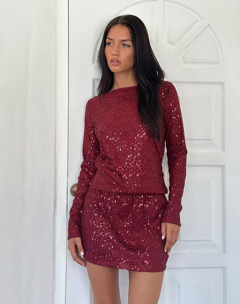 Jasilia Long Sleeve Mini Dress in Gauzy Sequin Red - Image 5