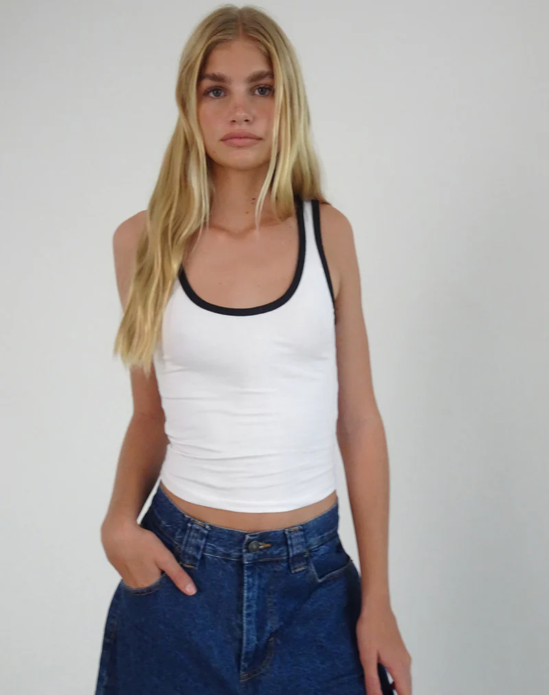 Jastiya Vest Top in White with Black Binding - Image 2