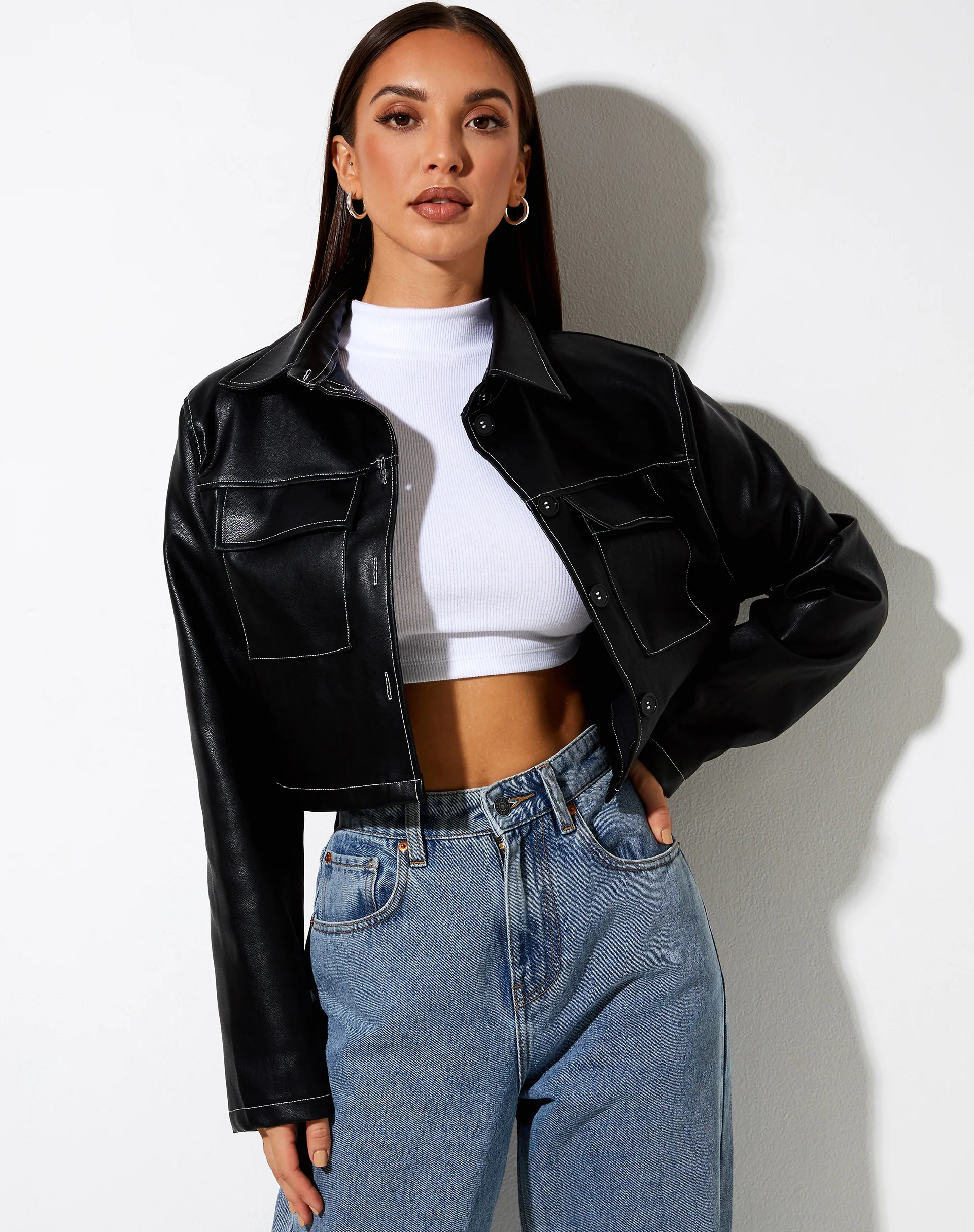 Jayla Shirt in PU Black with White Stitch - Image 4