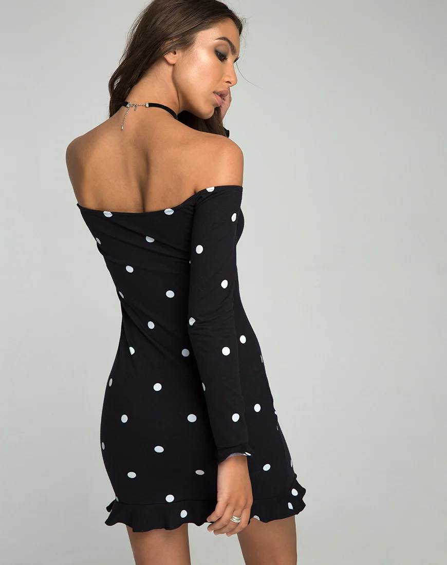 Jazzie Off the Shoulder Dress in Polkadot Black and White - Image 2