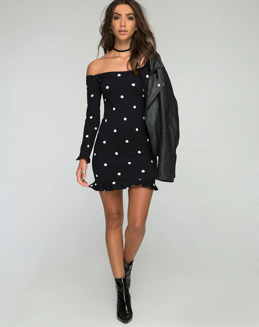 Jazzie Off the Shoulder Dress in Polkadot Black and White - Image 3