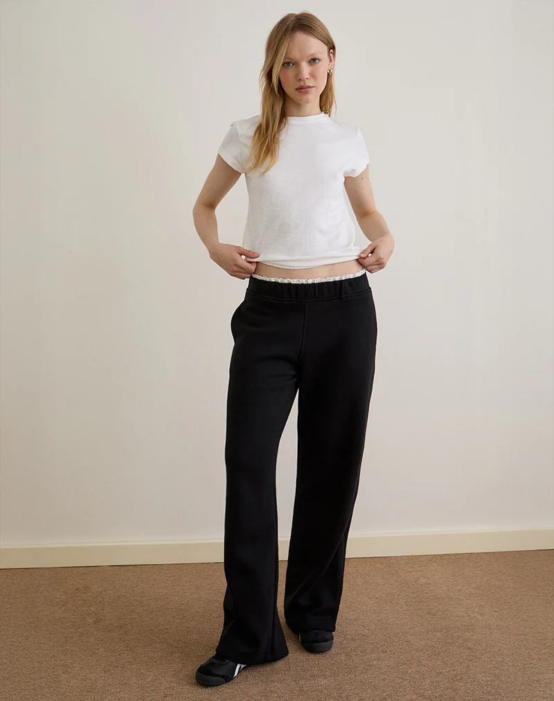 Jenita Loose Jogger in Black with White Picot Trim
