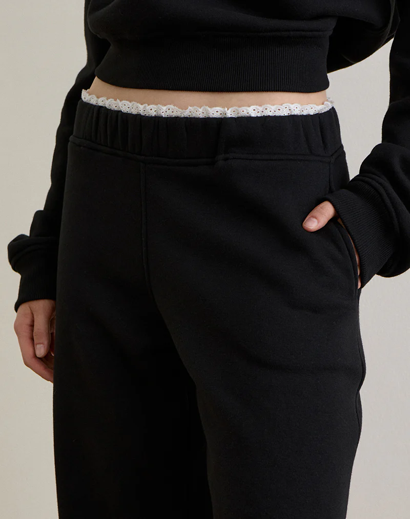 Jenita Loose Jogger in Black with White Picot Trim - Image 3