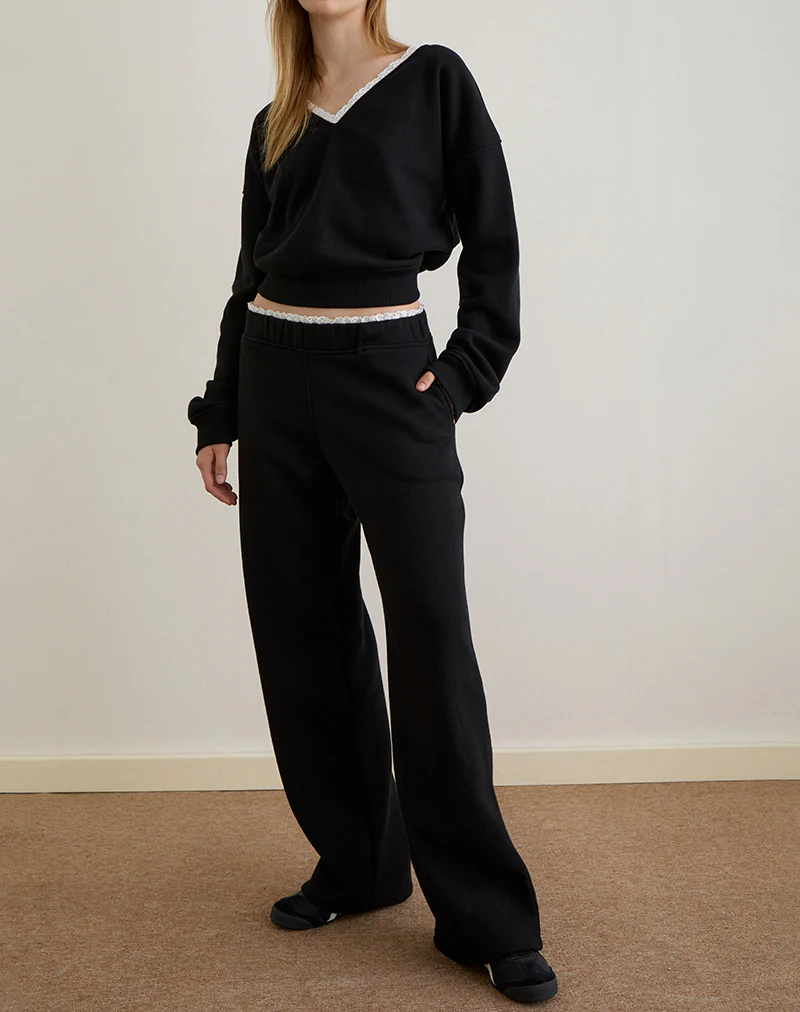 Jenita Loose Jogger in Black with White Picot Trim - Image 4