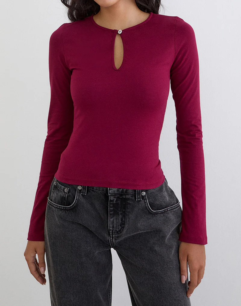 Jenji Long Sleeve Top with Pearl Button in Burgundy - Image 2