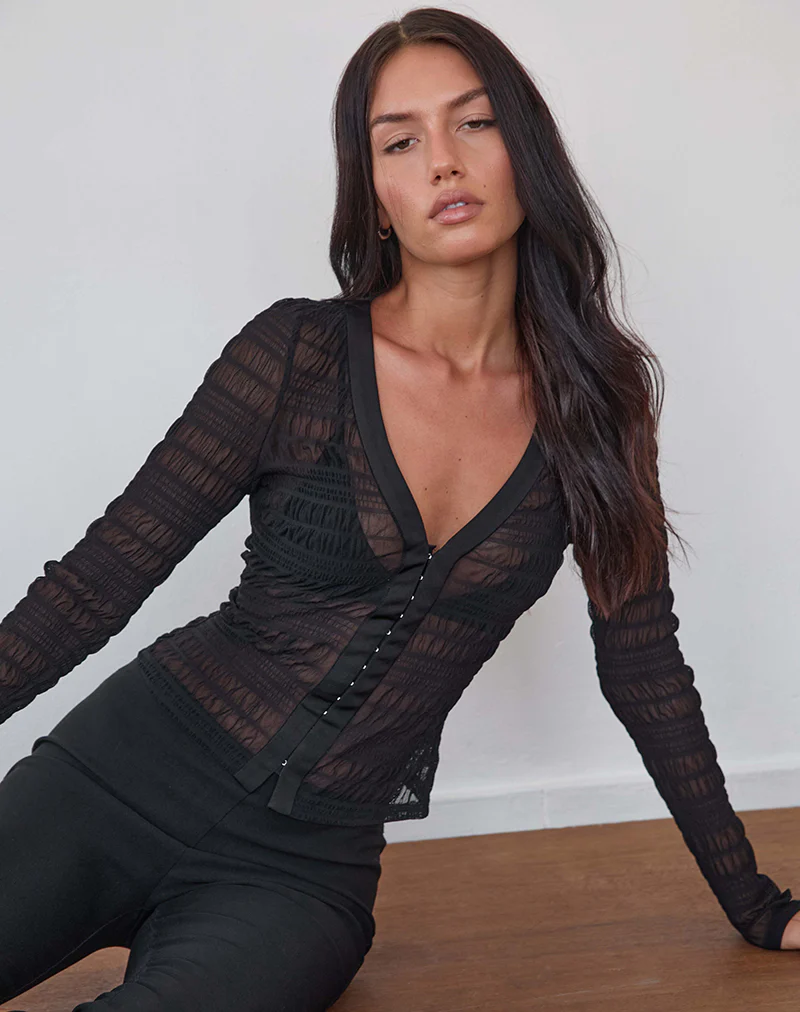 Jichan Ruched Long Sleeve Top in Mesh Black - Image 3