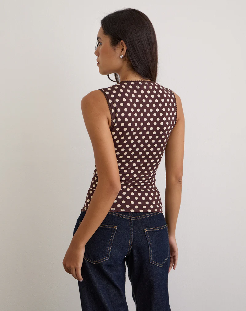 Jinalo Sweetheart Top in Brown with Small Cream Polka Prints - Image 6