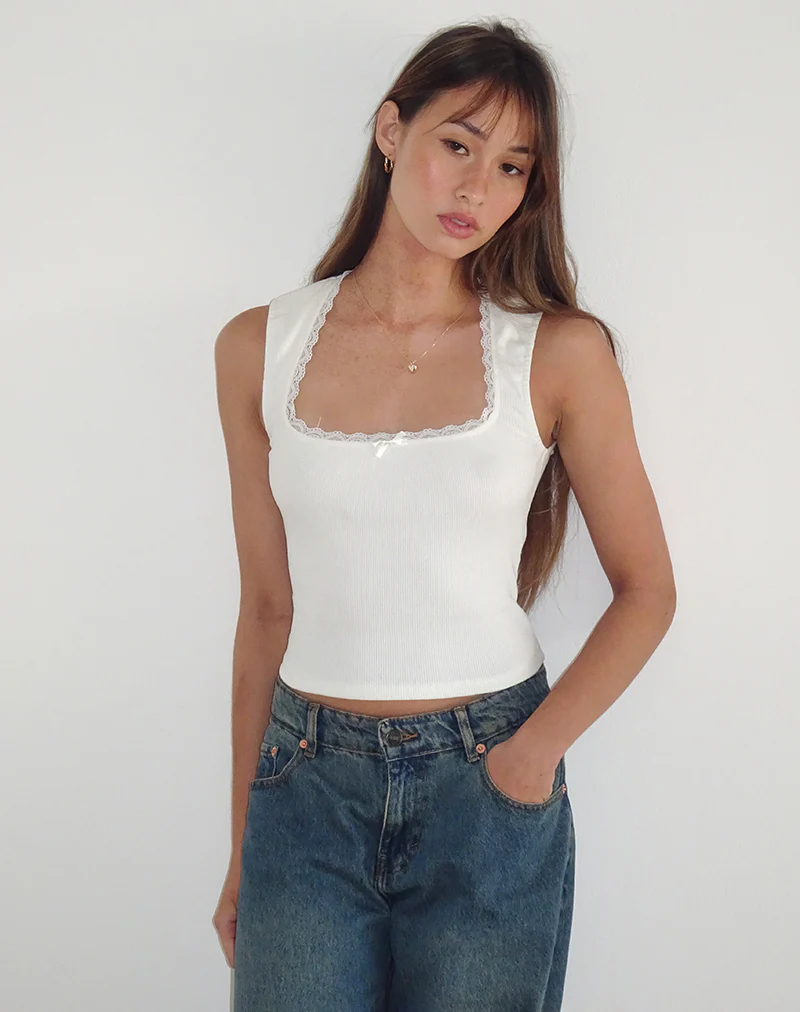 Jinila Top in Off White with Bow and Lace Trim - Image 4