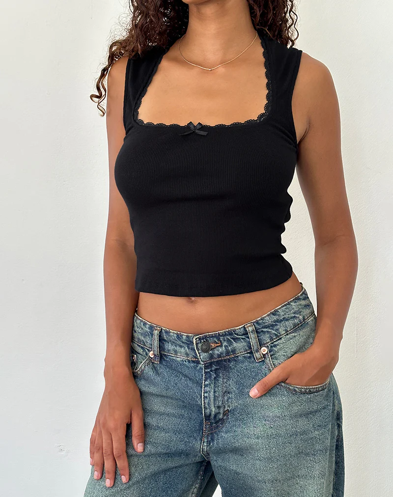 Jinila Top in Black with Lace Trim and Bow - Image 2